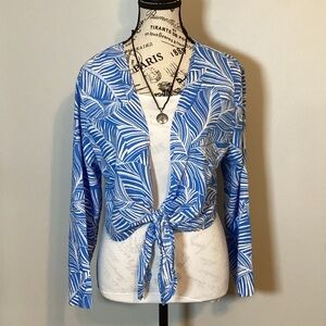 LINEN BLEND SHADE & SHORE BLUE & WHITE TROPICAL PRINT WAIST TIE TOP Sz. XL